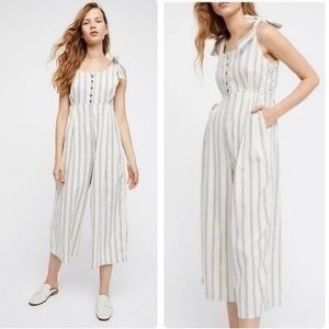 Free People Cream and Navy Striped Jumpsuit